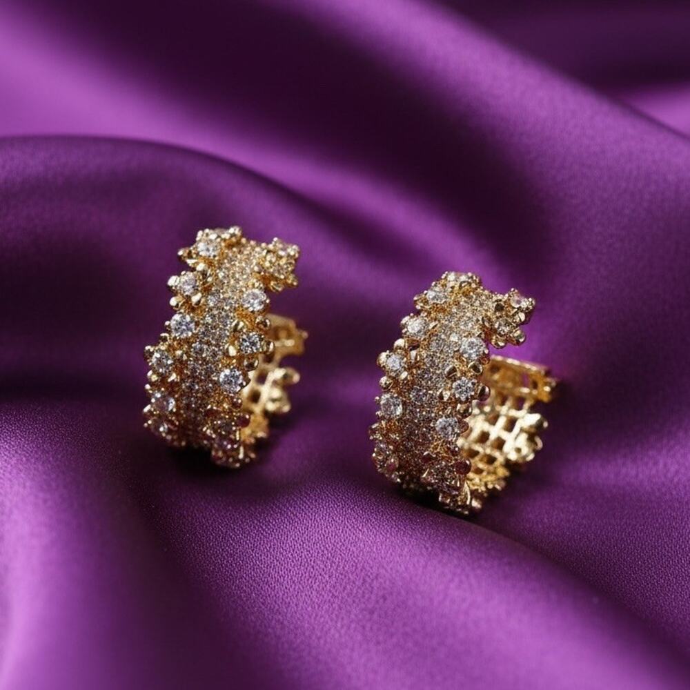 Anthropologie Filigree Hoop Flower Earrings Lattice Crystal Stud Gold CZ Boho